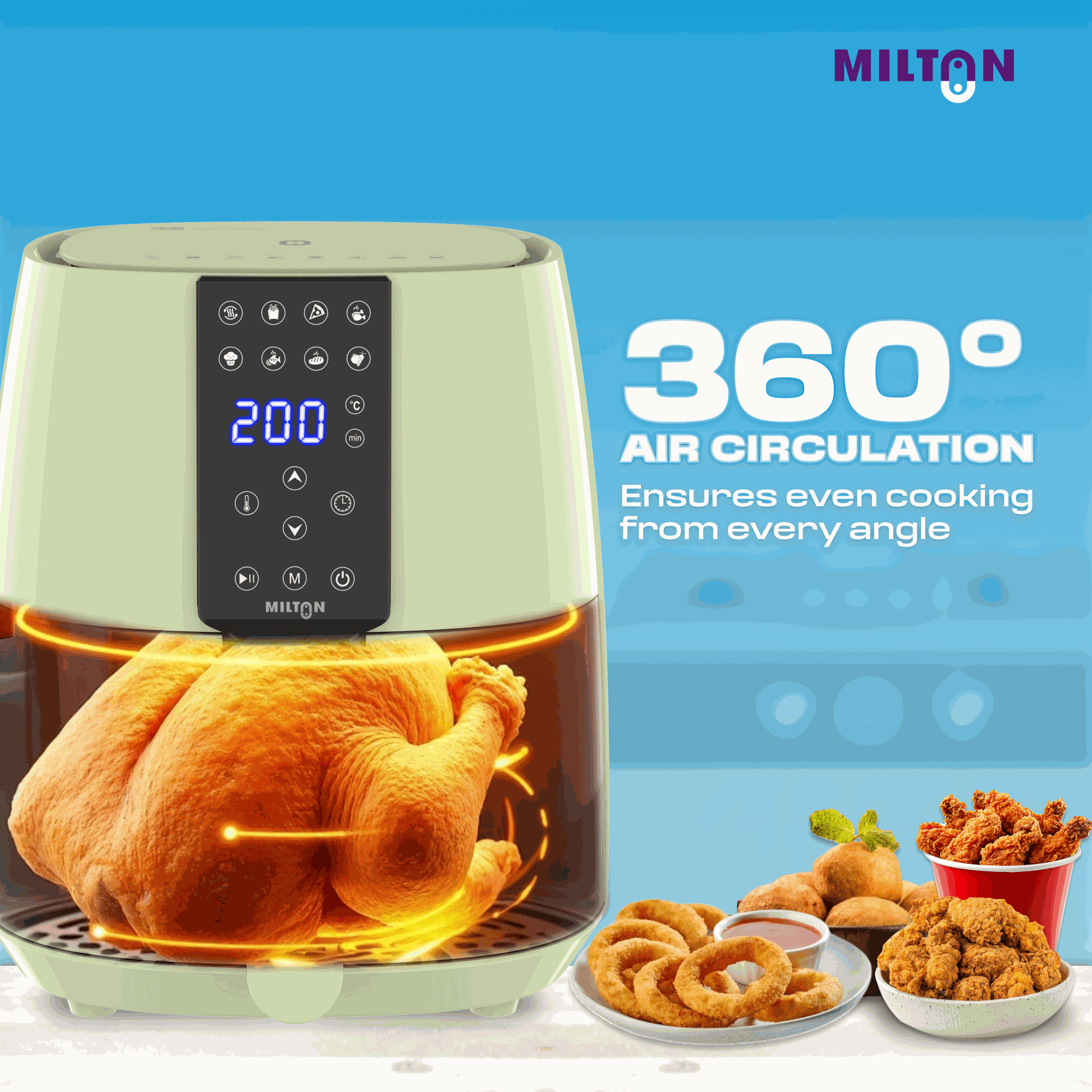 Milton Rapid 4L air fryer green on white background, showing compact digital interface and basket.