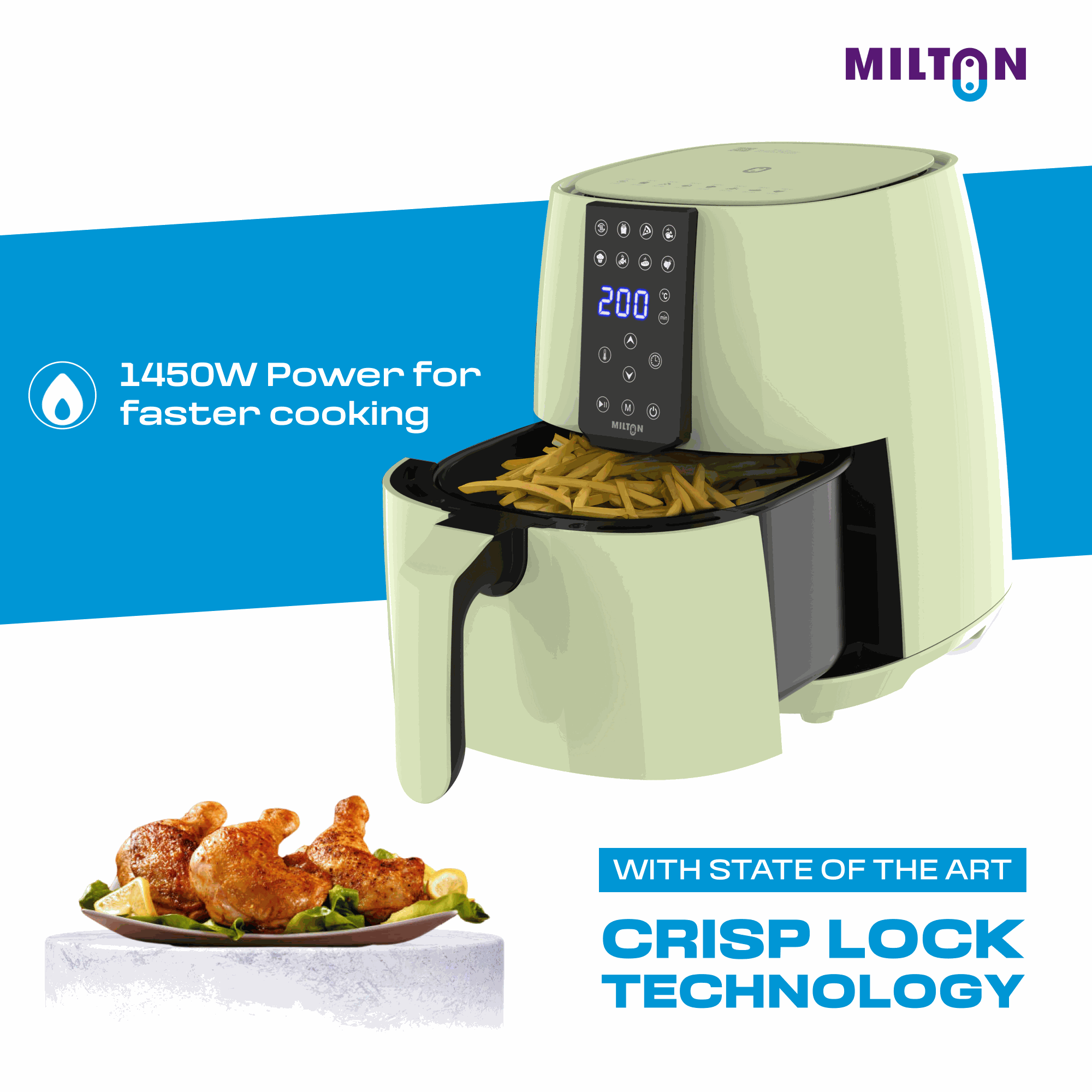 Milton Rapid 4L air fryer green on white background, showing compact digital interface and basket.