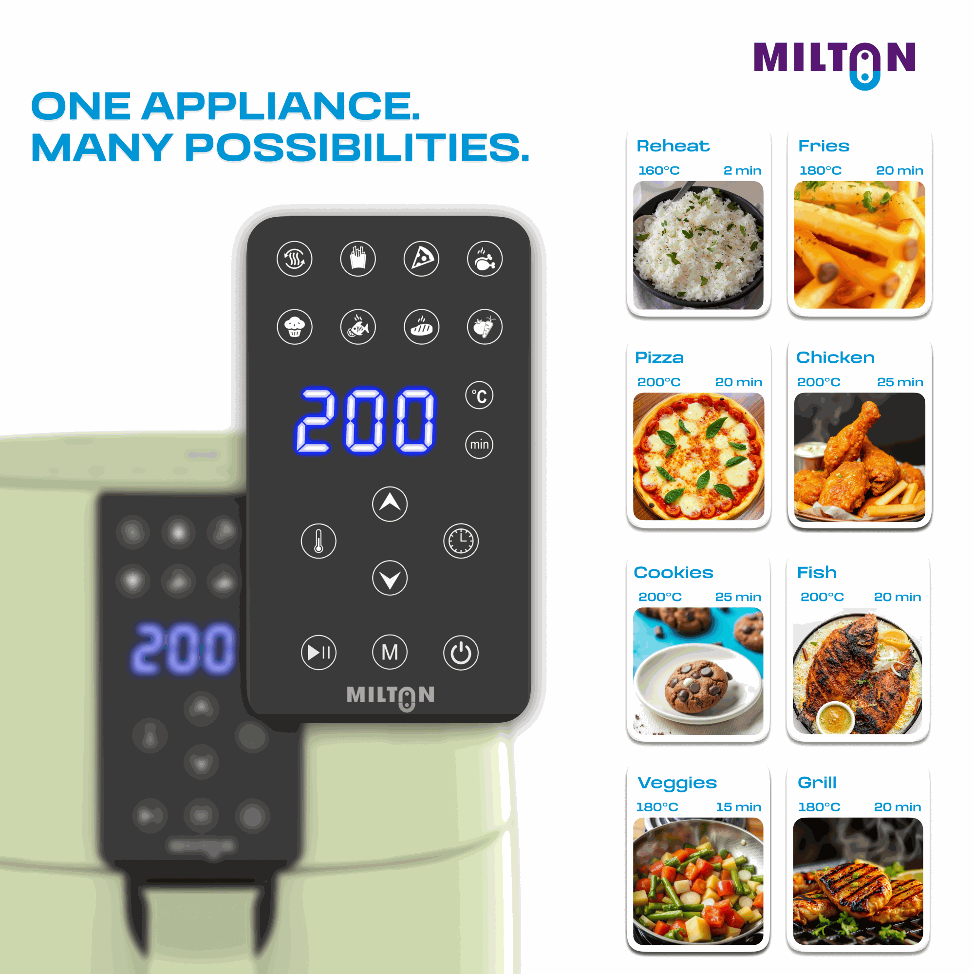 Milton Rapid 4L air fryer green on white background, showing compact digital interface and basket.