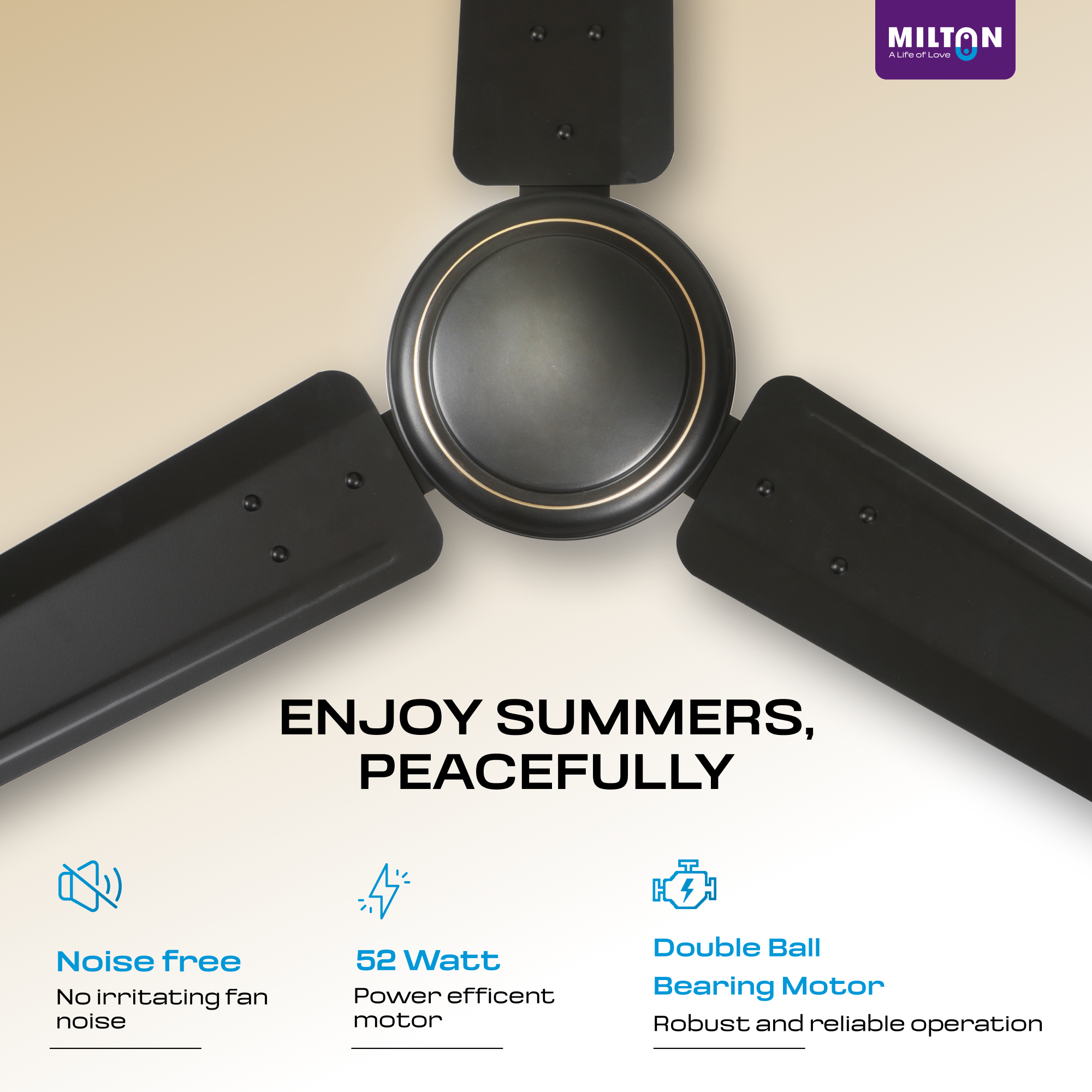 MILTON Brezza 1200mm Ceiling Fan – High-Speed, Silent & Stylish Cooling