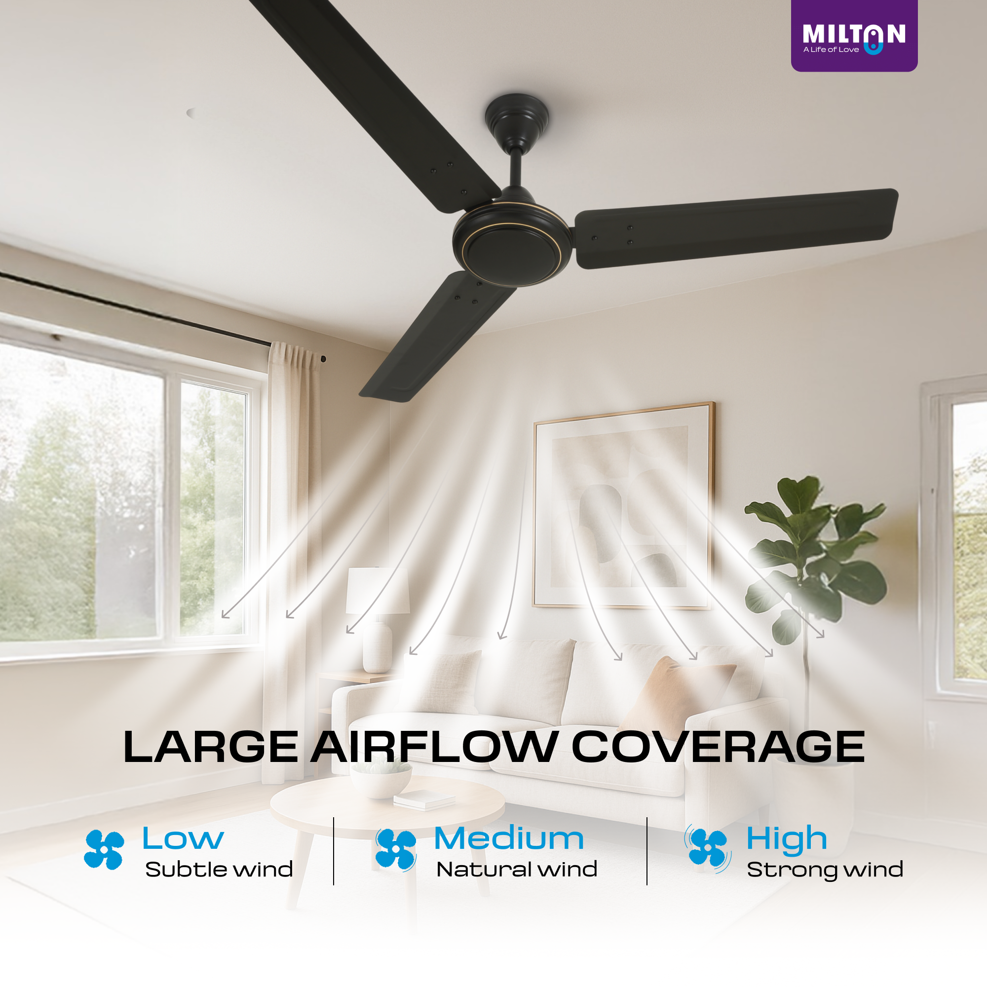 MILTON Brezza 1200mm Ceiling Fan – High-Speed, Silent & Stylish Cooling