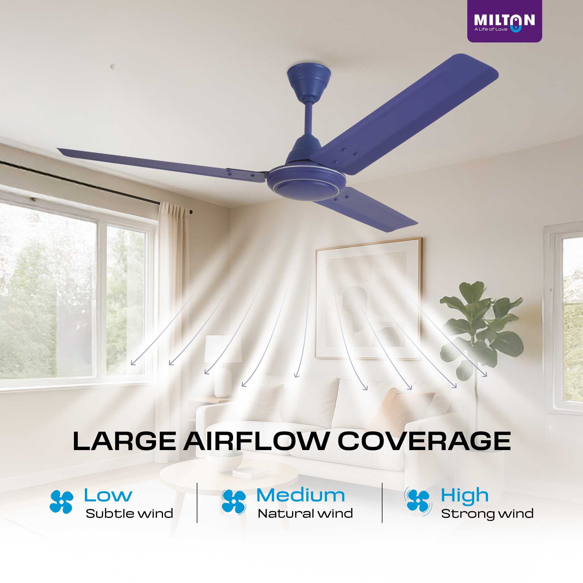 MILTON Brezza 1200mm Ceiling Fan – High-Speed, Silent & Stylish Cooling