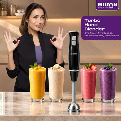 Milton Turbo 350W Hand Blender | 2-Speed Electric Mixer with Stainless Steel Blades | Portable, Lightweight & Easy-Clean for Smoothies, Juices