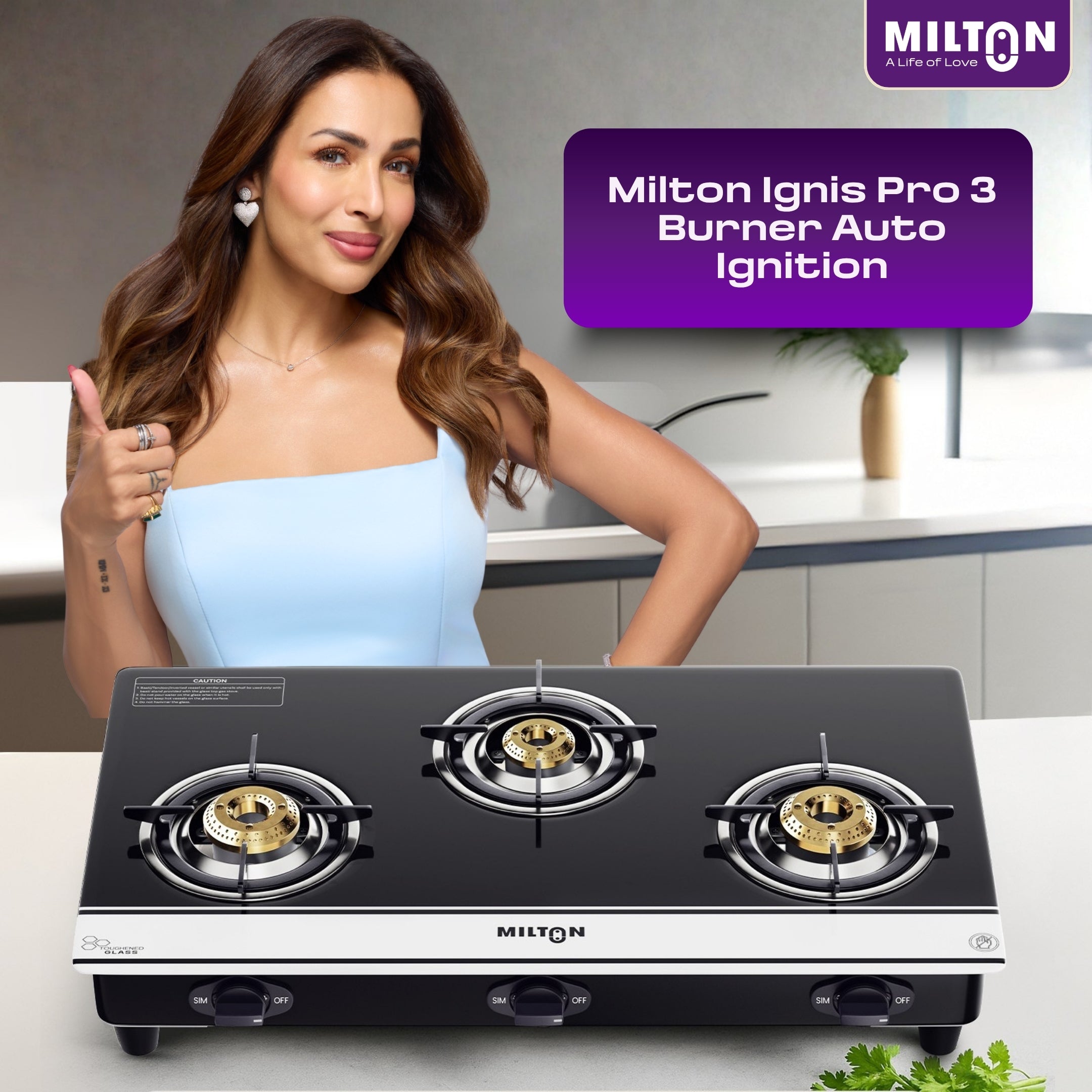 Milton Ignis Pro 3 Burners Auto Ignition Gas Stove | ISI Certified | 6mm Toughened Glass Top | 360 Degree Nozzle | Heavy Pan Support | Pure Brass Burners | 2 Yr Warranty
