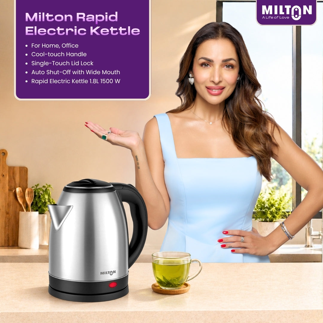 Milton Rapid Electric Kettle 1.8L | 1500 Watts | Stainless Steel Hot Water portable Electric Kettle for Home, Office | Auto Shut-Off with Wide Mouth | Cool-touch Handle and Single-Touch Lid Lock 2Yr Warranty