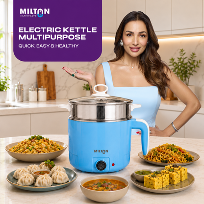 Milton Electric Kettle Multipurpose 1.2L | 600W Multi Cooker Kessel | 4-in-1 with Idli Stand (2 Plates), Steamer With Stainless Steel Stand, Egg Boiler | 2 Year Warranty