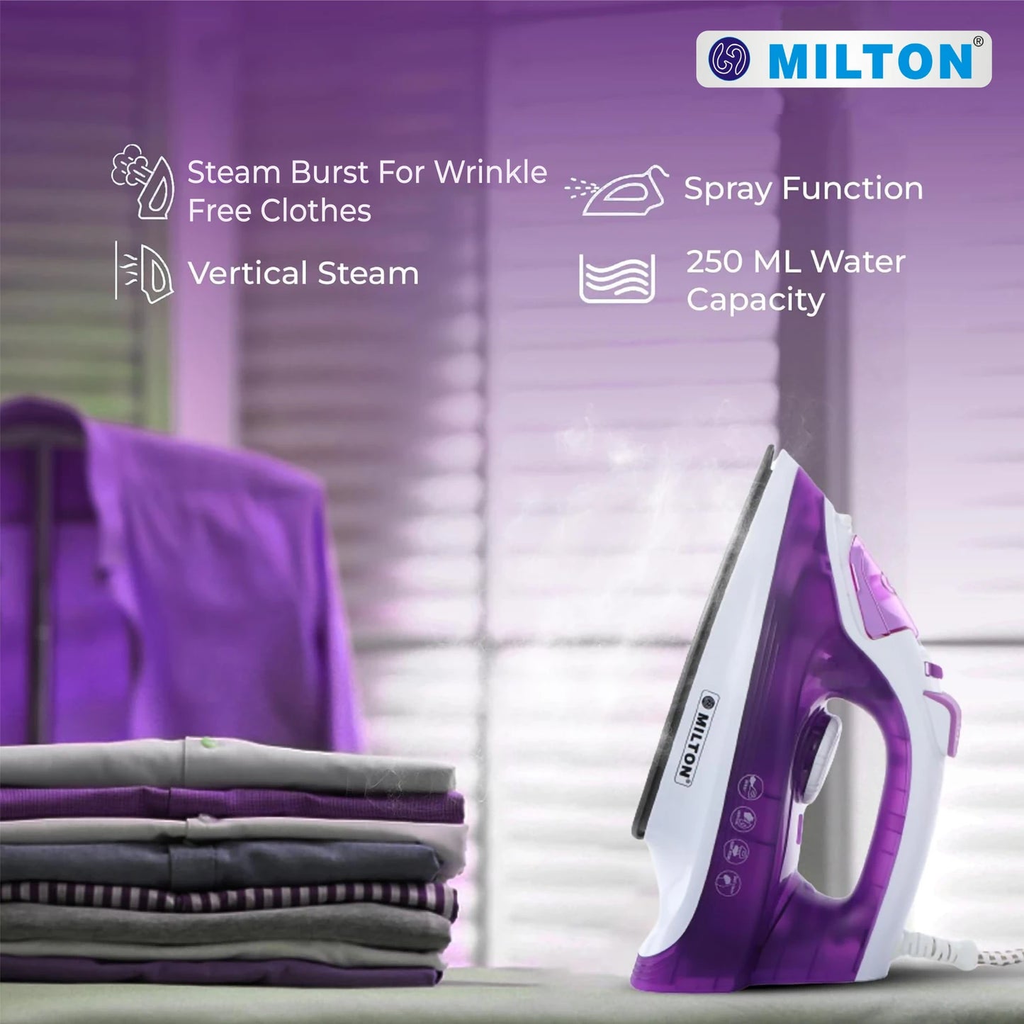 Milton Supreme DX 1600W Steam Iron for Clothes Ceramic Soleplate & 280ml Water Tank 2 Yr Warranty