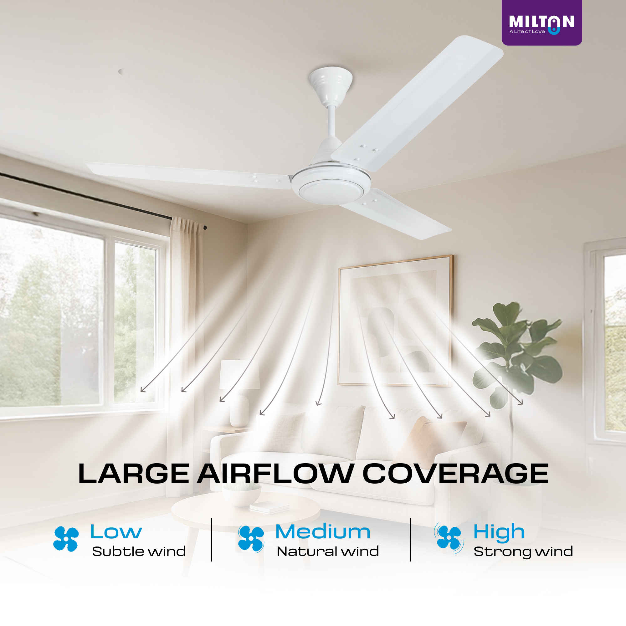 MILTON Brezza 1200mm Ceiling Fan – High-Speed, Silent & Stylish Cooling